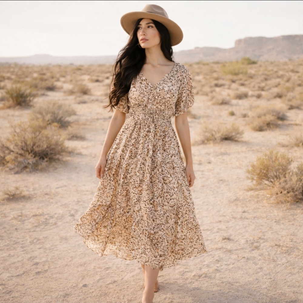 Tiered Midi A-Line Dress Flowy Bohemian Fairy Neutral Animal Print Sz L